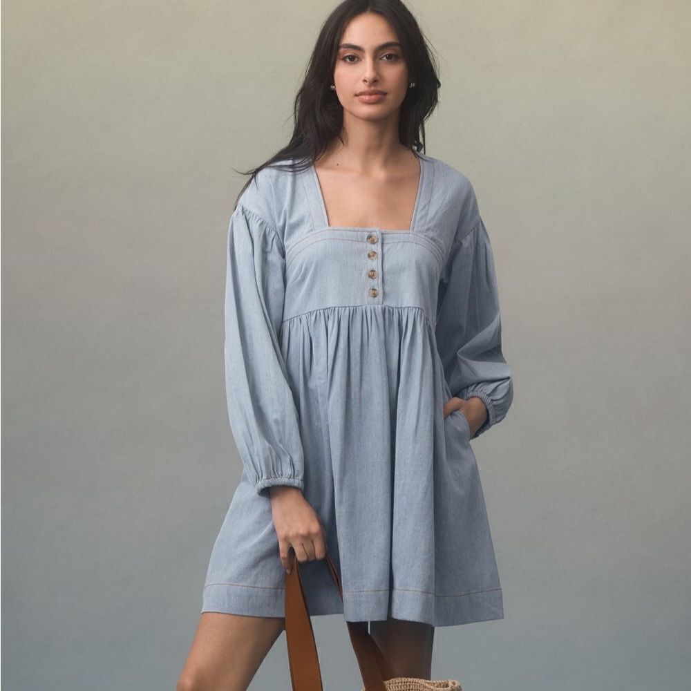By Anthropologie Long-Sleeve Square-Neck
Denim Babydoll Mini Dress |Size: Medium